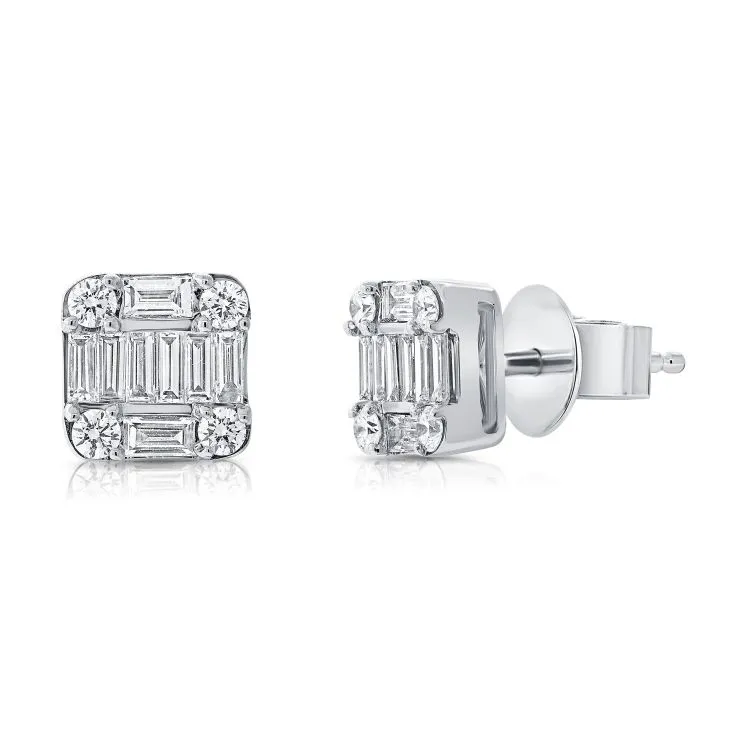14k Gold 0.66Ct Baguette, 0.21Ct Round Diamond Earring, available in White, Rose and Yellow Gold