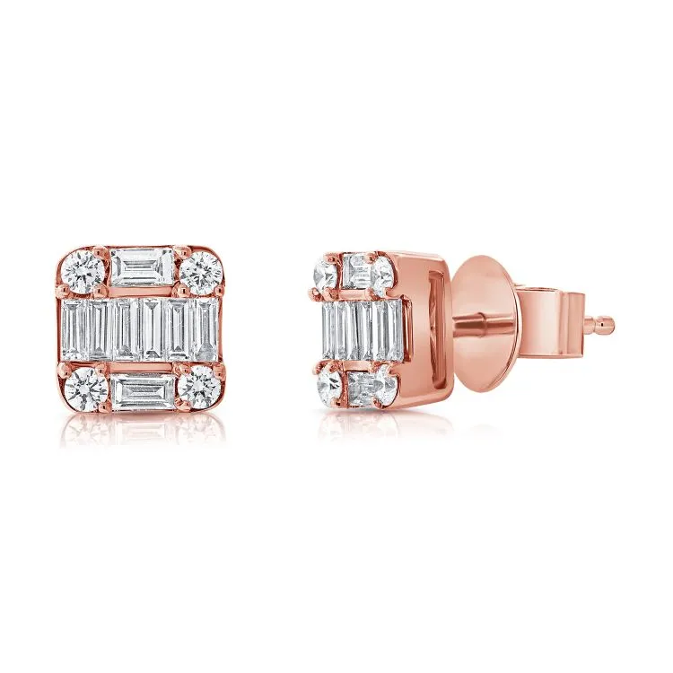 14k Gold 0.66Ct Baguette, 0.21Ct Round Diamond Earring, available in White, Rose and Yellow Gold