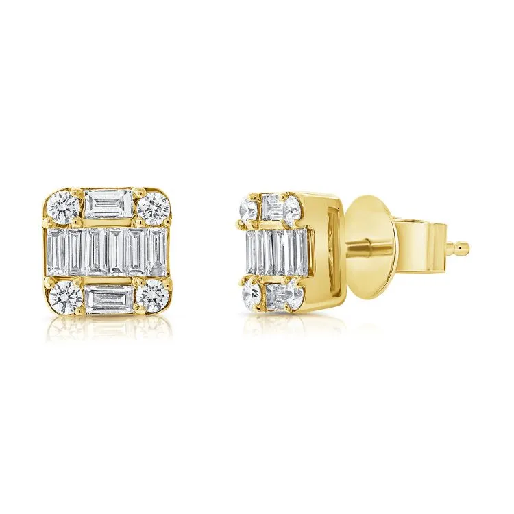 14k Gold 0.66Ct Baguette, 0.21Ct Round Diamond Earring, available in White, Rose and Yellow Gold