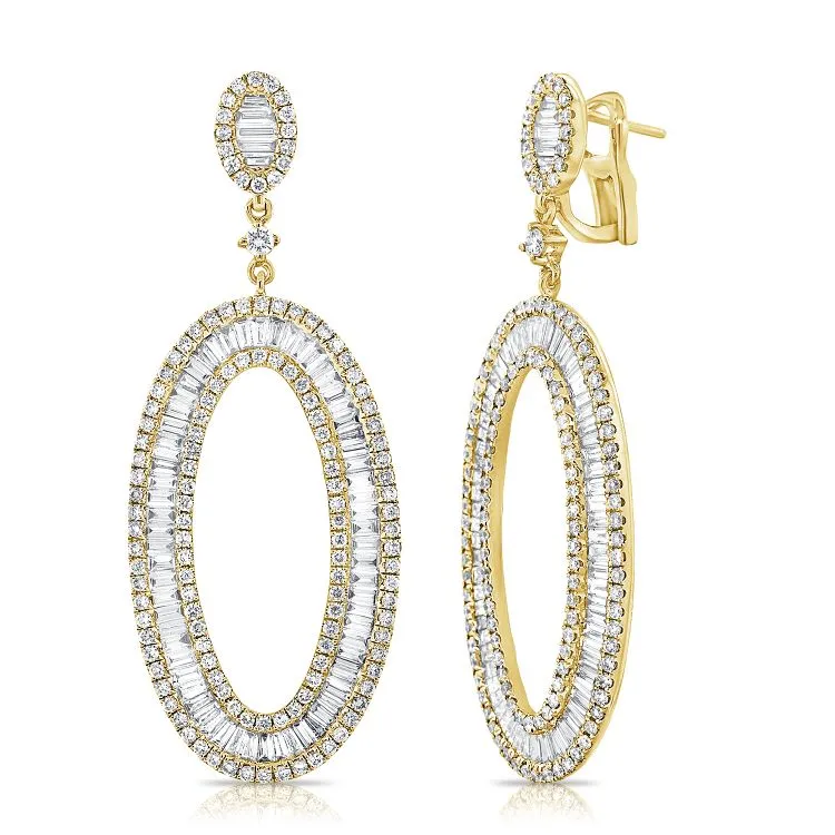14K Gold 2.00ct Baguette, 1.63ct Round Diamond Oval Drop Earring, available in White, Rose and Yellow Gold