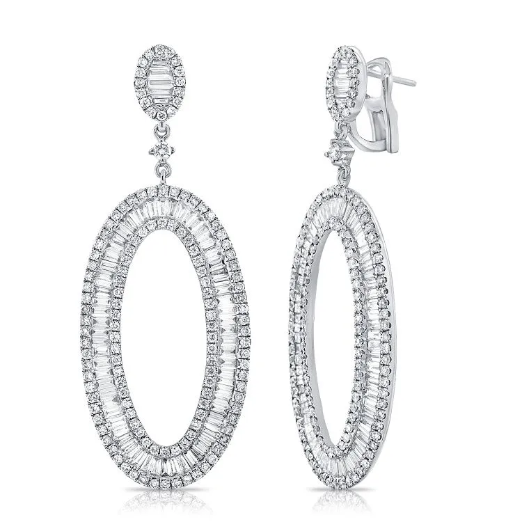 14K Gold 2.00ct Baguette, 1.63ct Round Diamond Oval Drop Earring, available in White, Rose and Yellow Gold