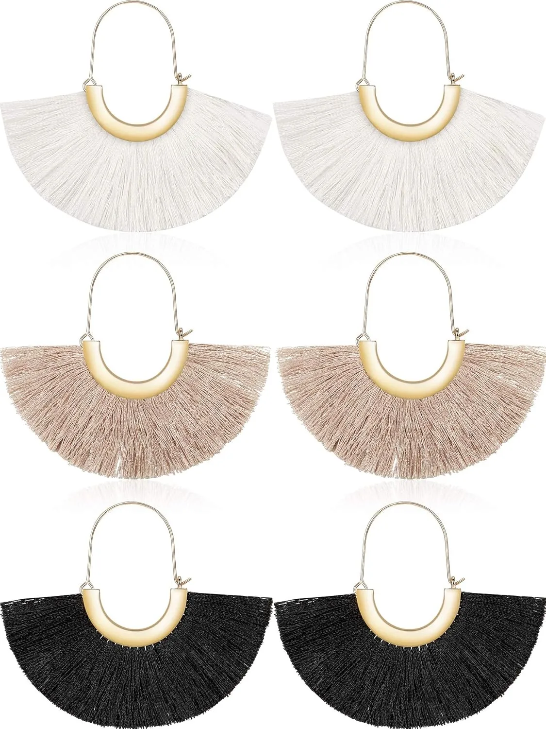 3 Pairs Fan Tassel Earrings for Women Fringe Earrings Semi Circle Fan Silky Threader Dangles Hoops