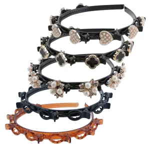 5Pcs Double Bangs Hairstyle Hairpin, Double Layer Twist Plait with Rhinestone, Korean Braided Headbands with Clips Woven Flower, Hair Accessories for Women Girls, Women's Day