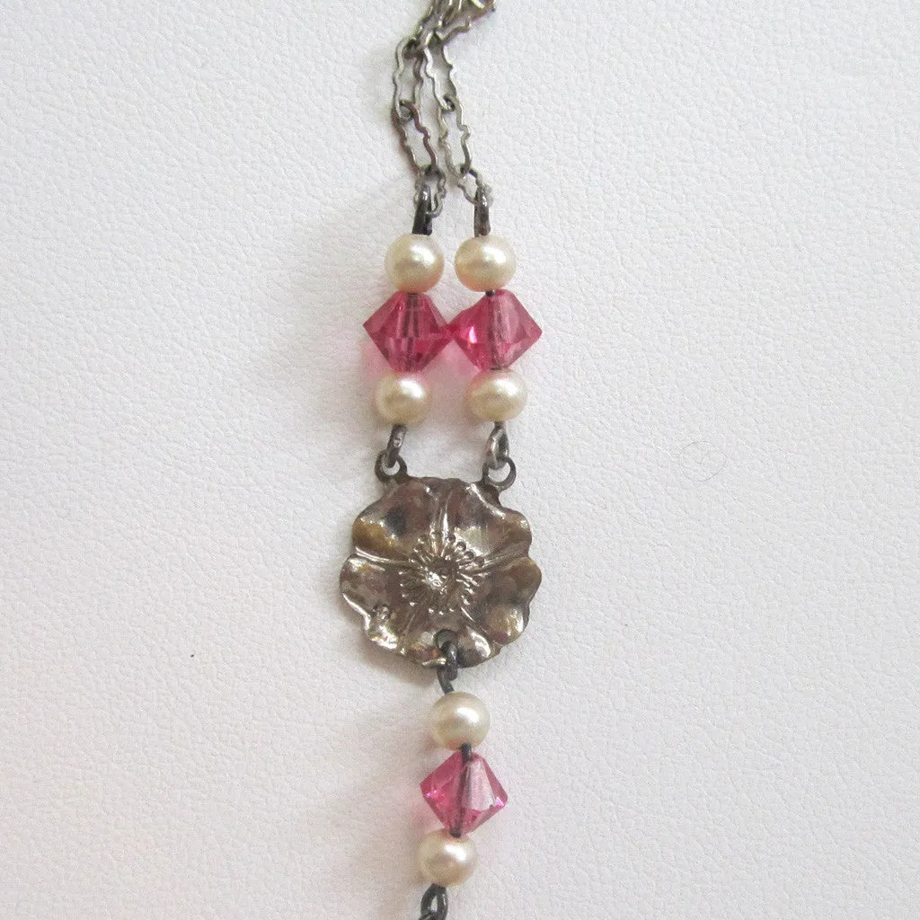 Art Deco Pink Glass Faux Pearl Floral Pendant