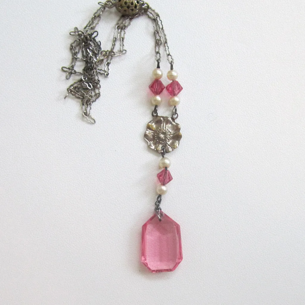 Art Deco Pink Glass Faux Pearl Floral Pendant