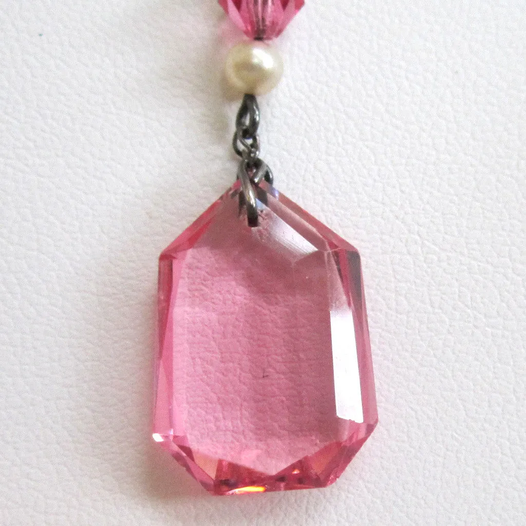 Art Deco Pink Glass Faux Pearl Floral Pendant