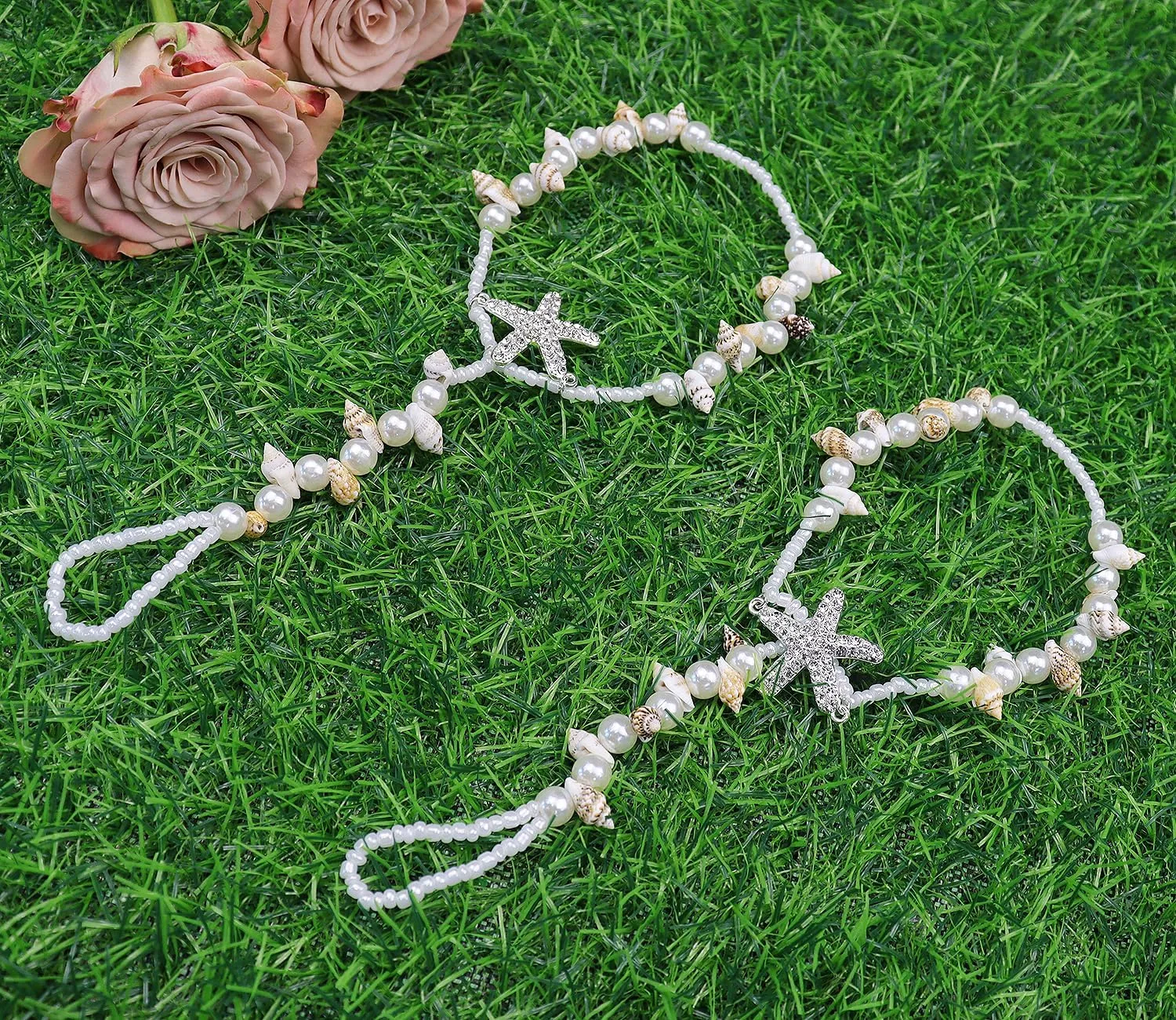 Bethynas Bohemian Pearl Barefoot Sandles Summer Beach Starfish Beaded Anklet Chain with Toe Ring Bridal Crystal Shell Foot Jewelry for Women
