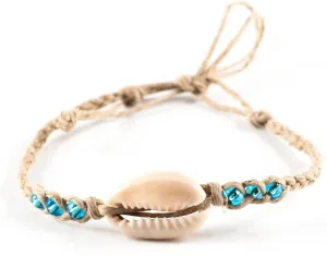 BlueRica Hemp Anklet Bracelet with Cowrie Shell and Turquoise Blue Beads