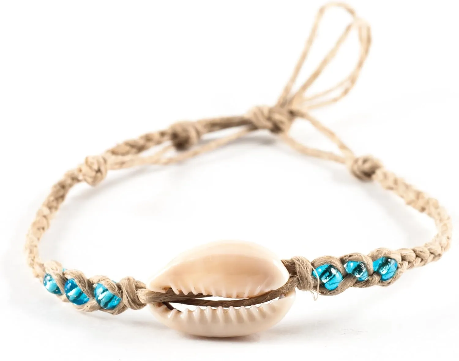 BlueRica Hemp Anklet Bracelet with Cowrie Shell and Turquoise Blue Beads