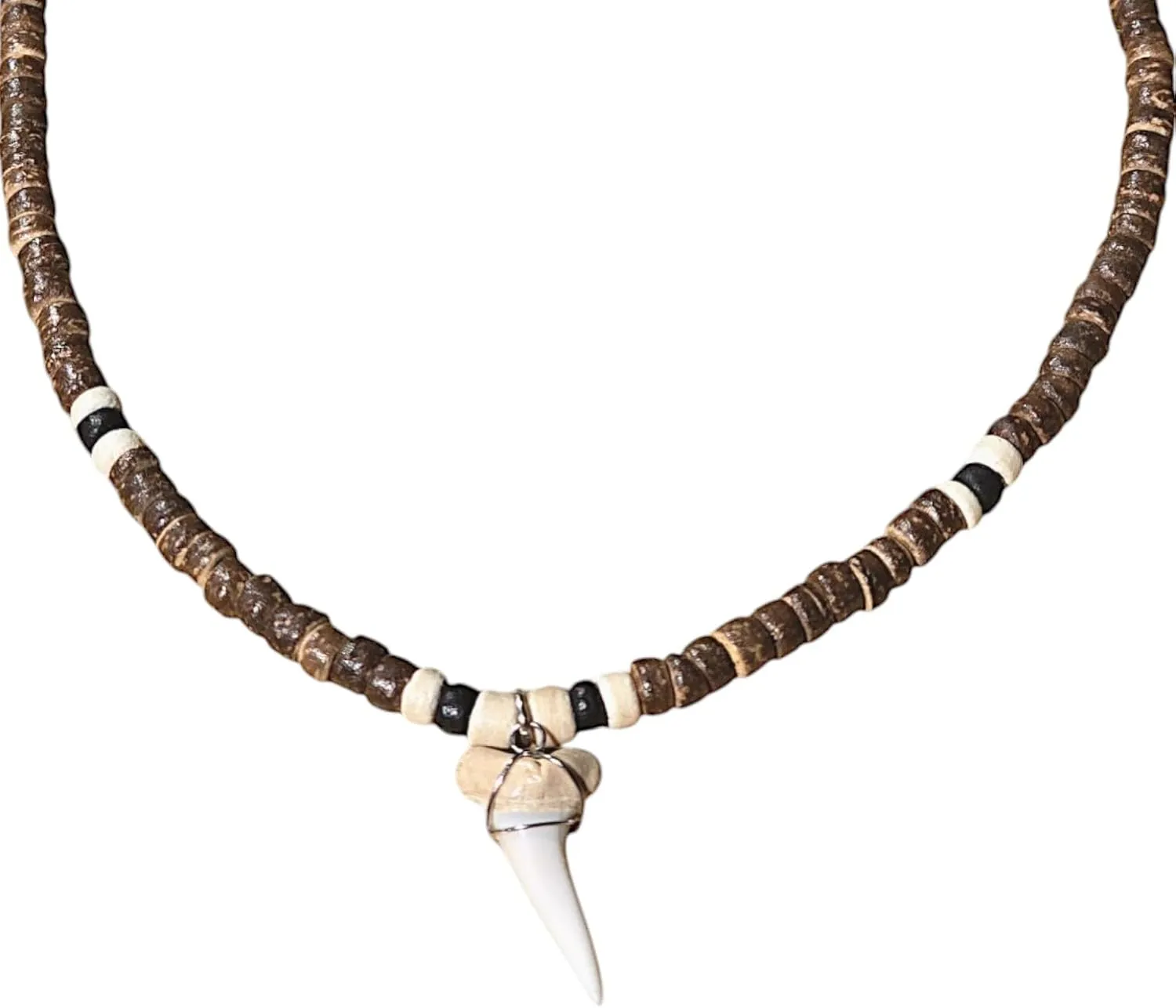 BlueRica Shark Tooth on Coconut Shell Beads Necklace (18" 3N)