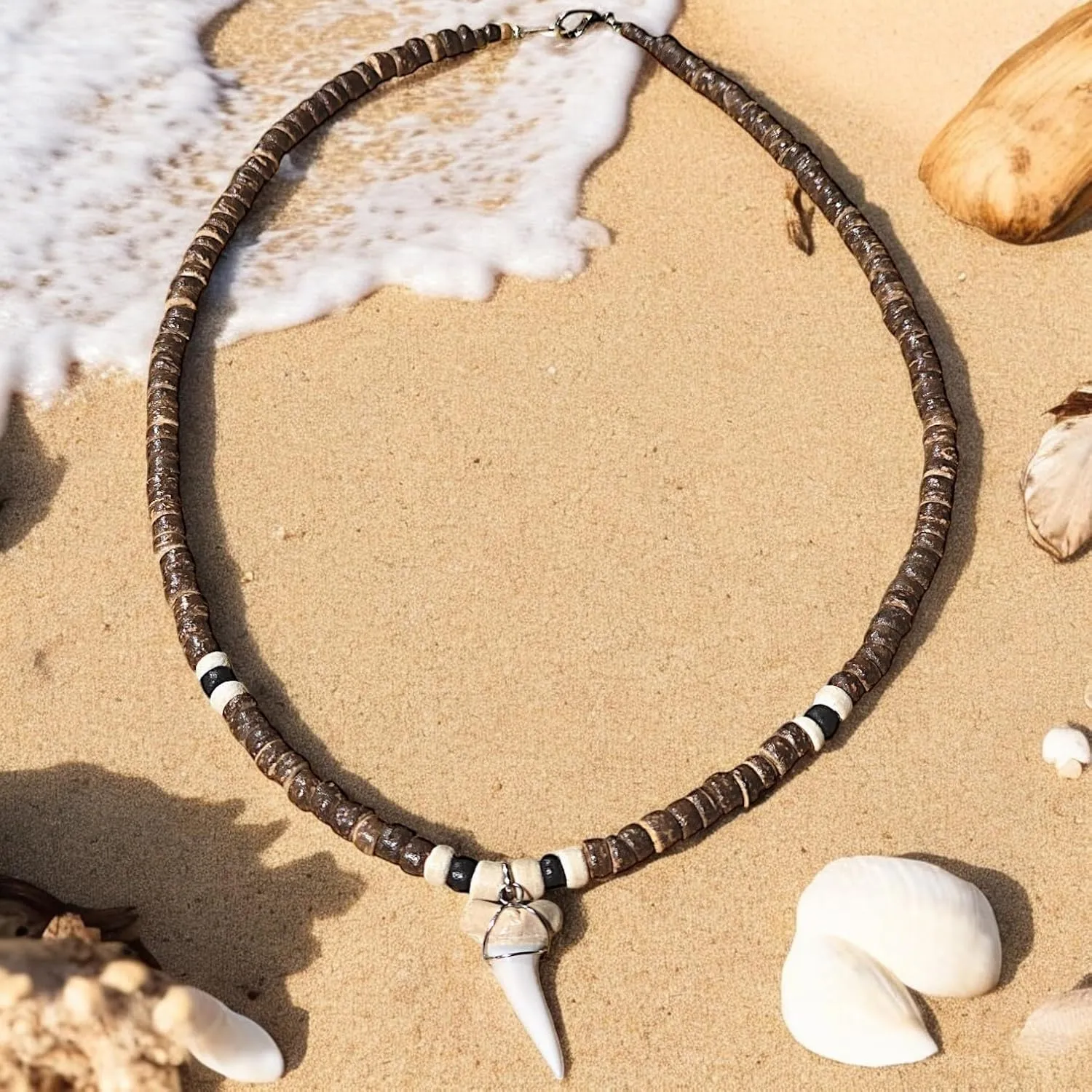 BlueRica Shark Tooth on Coconut Shell Beads Necklace (18" 3N)