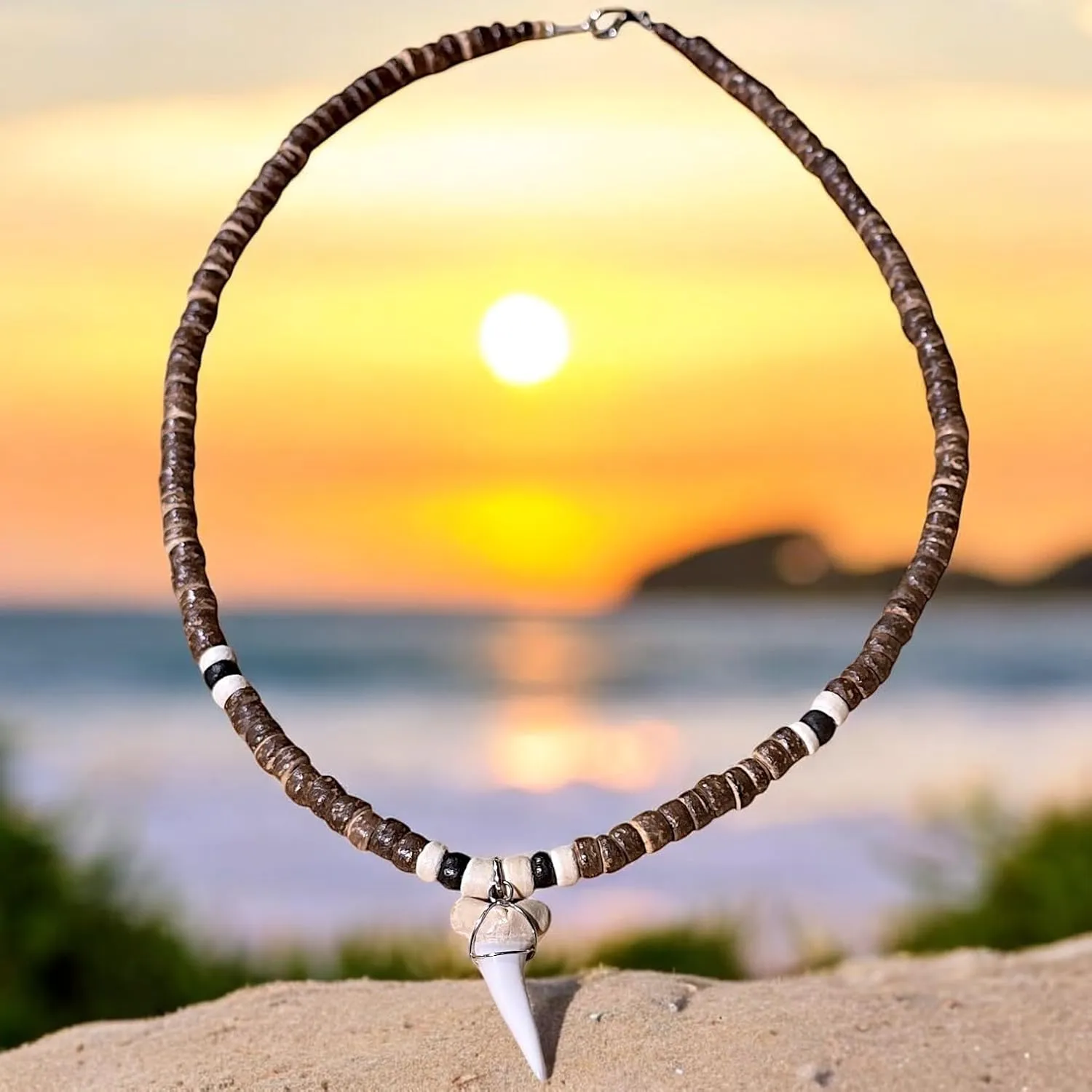 BlueRica Shark Tooth on Coconut Shell Beads Necklace (18" 3N)