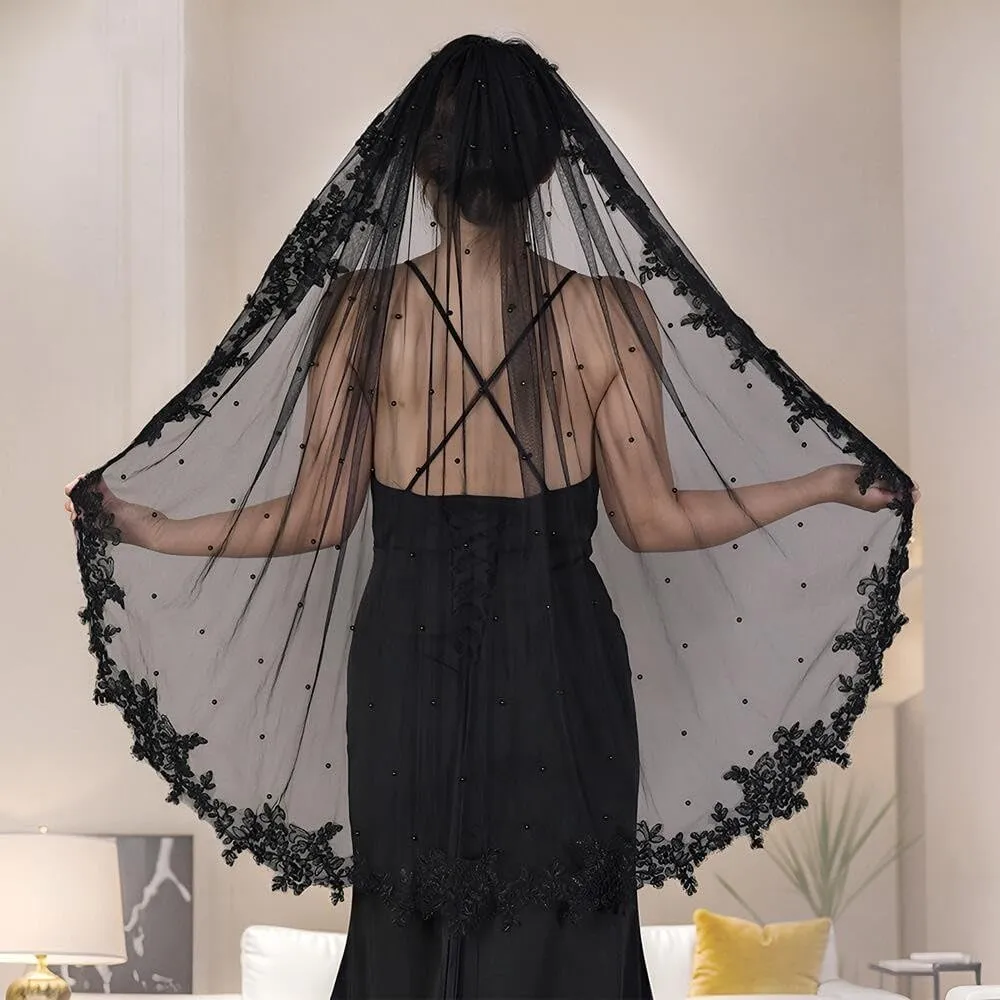 Bridal Veil Pearl Beaded Edge 1 Tier Fingertip Length Wedding Veil with Comb