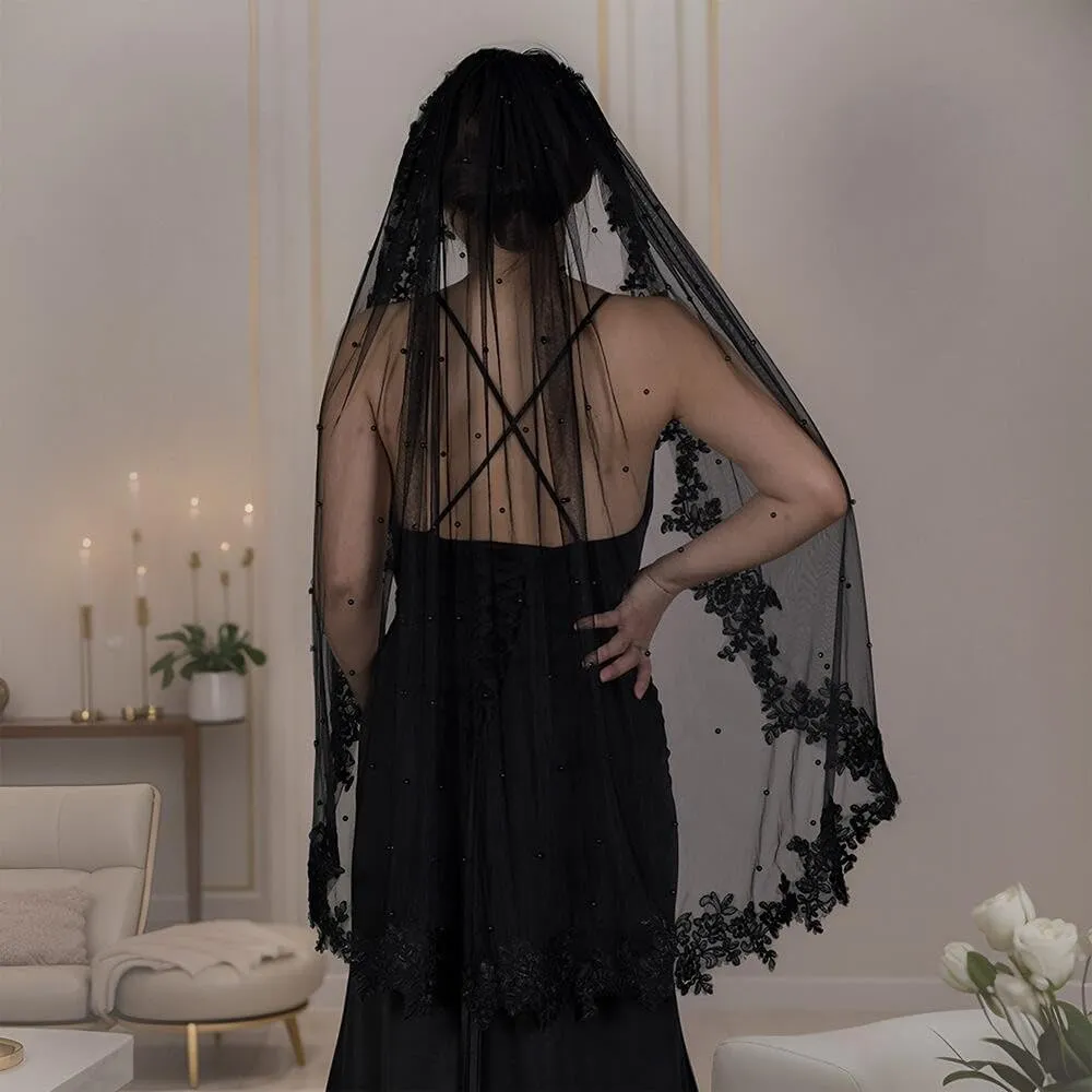 Bridal Veil Pearl Beaded Edge 1 Tier Fingertip Length Wedding Veil with Comb