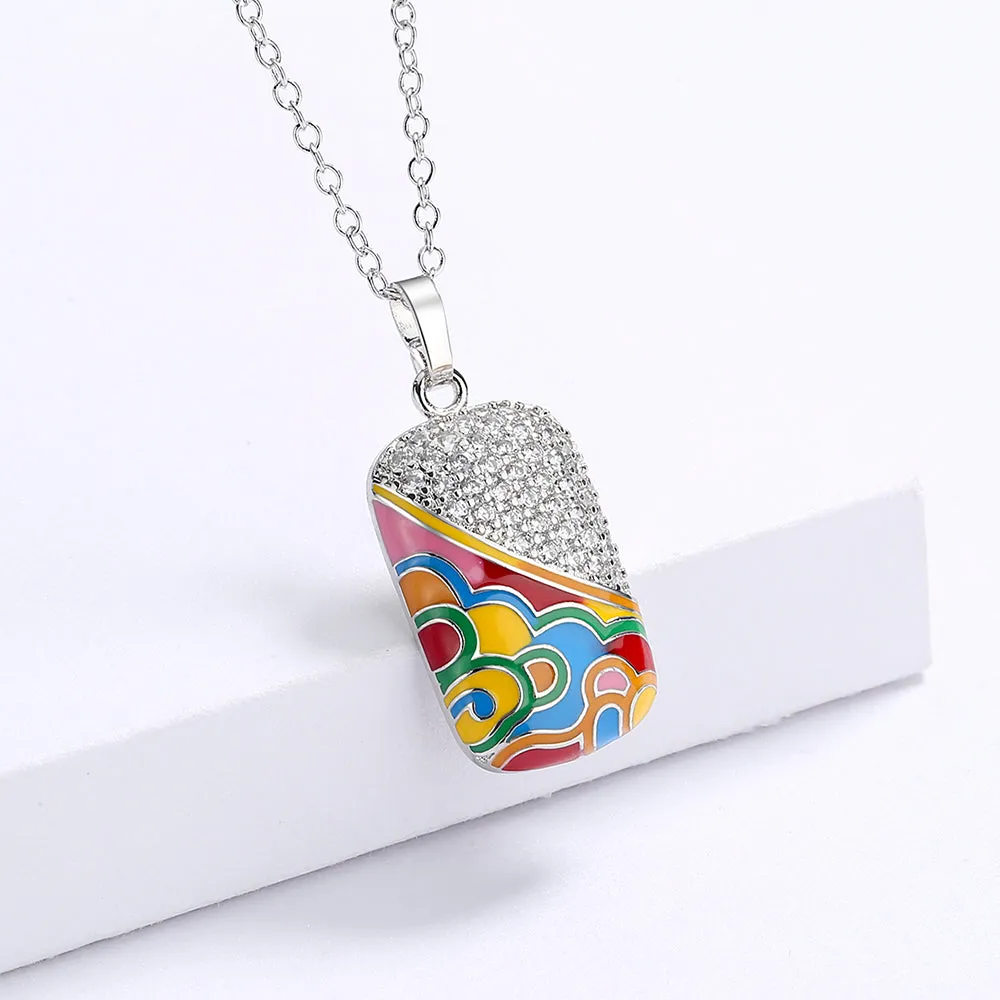 Chinese Style Moire Enamel Pendant Necklaces with Zircon in 925 Sterling Silver