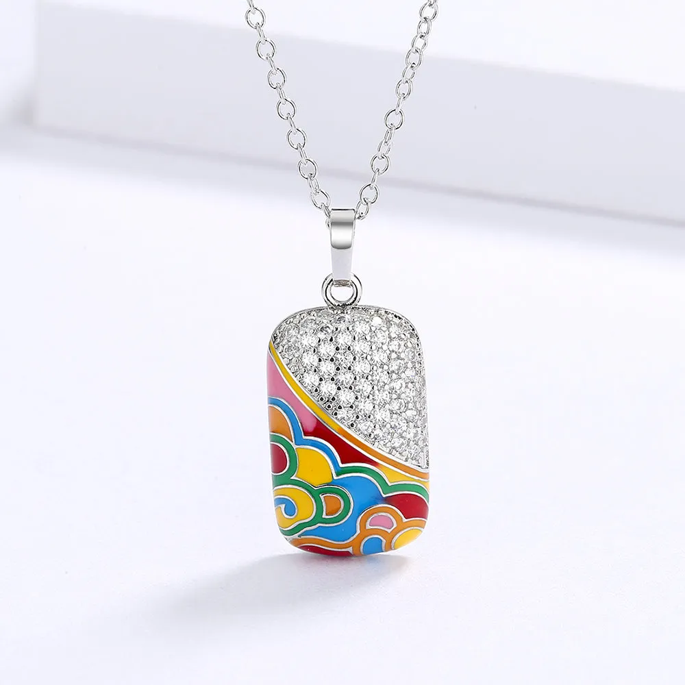 Chinese Style Moire Enamel Pendant Necklaces with Zircon in 925 Sterling Silver