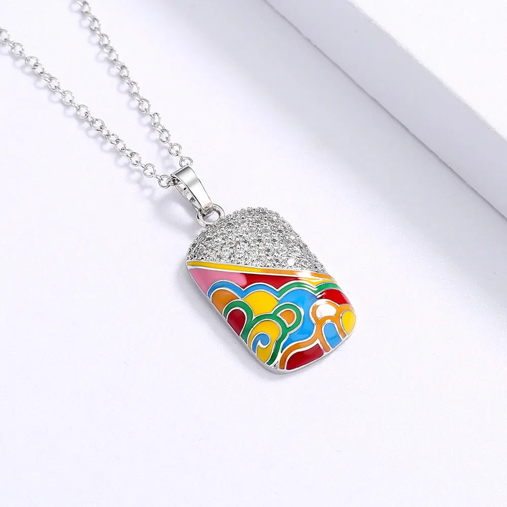 Chinese Style Moire Enamel Pendant Necklaces with Zircon in 925 Sterling Silver