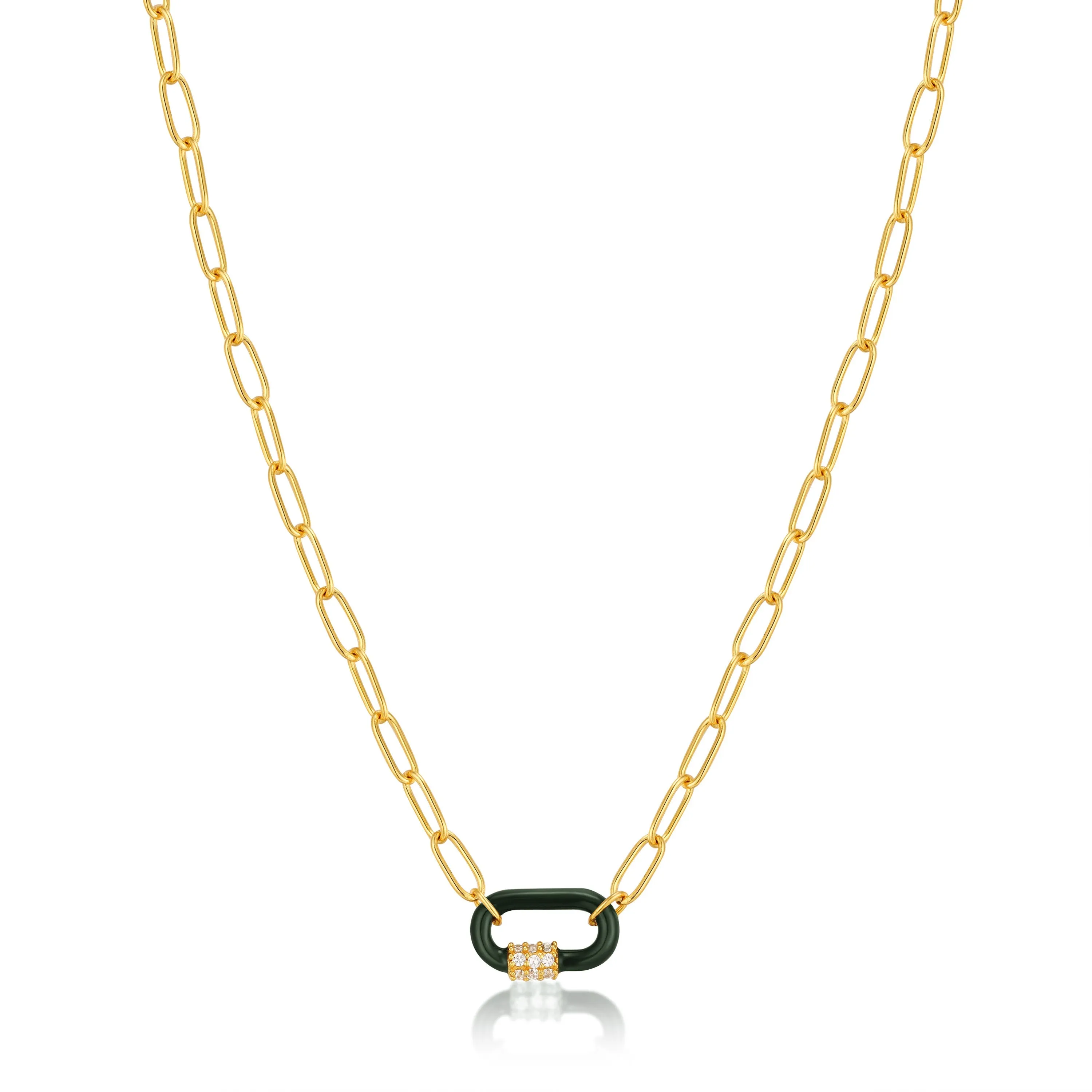 Forest Green Enamel Carabiner Gold Necklace