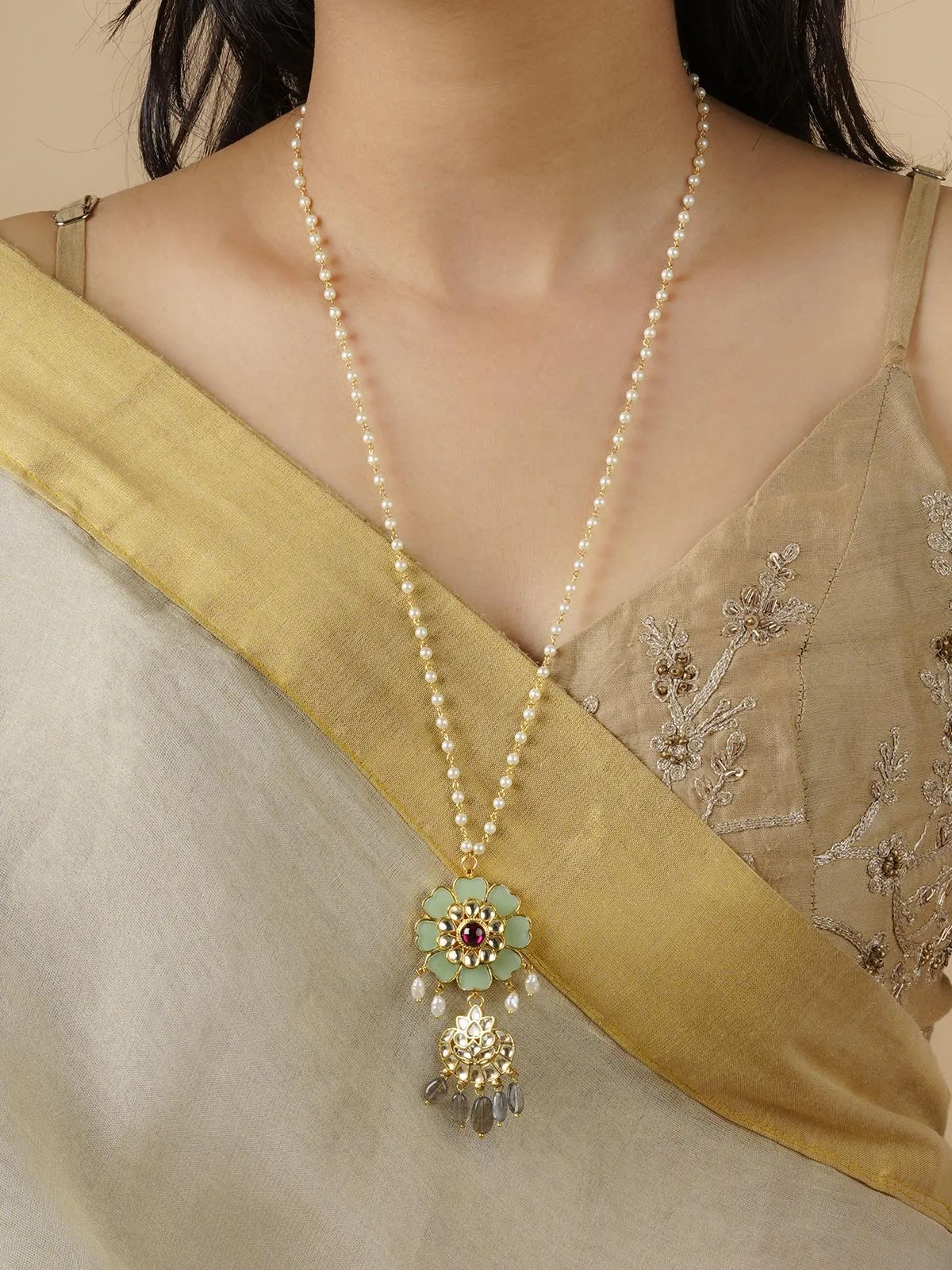Green Color Gold Plated Jadau Kundan Necklace - MN419