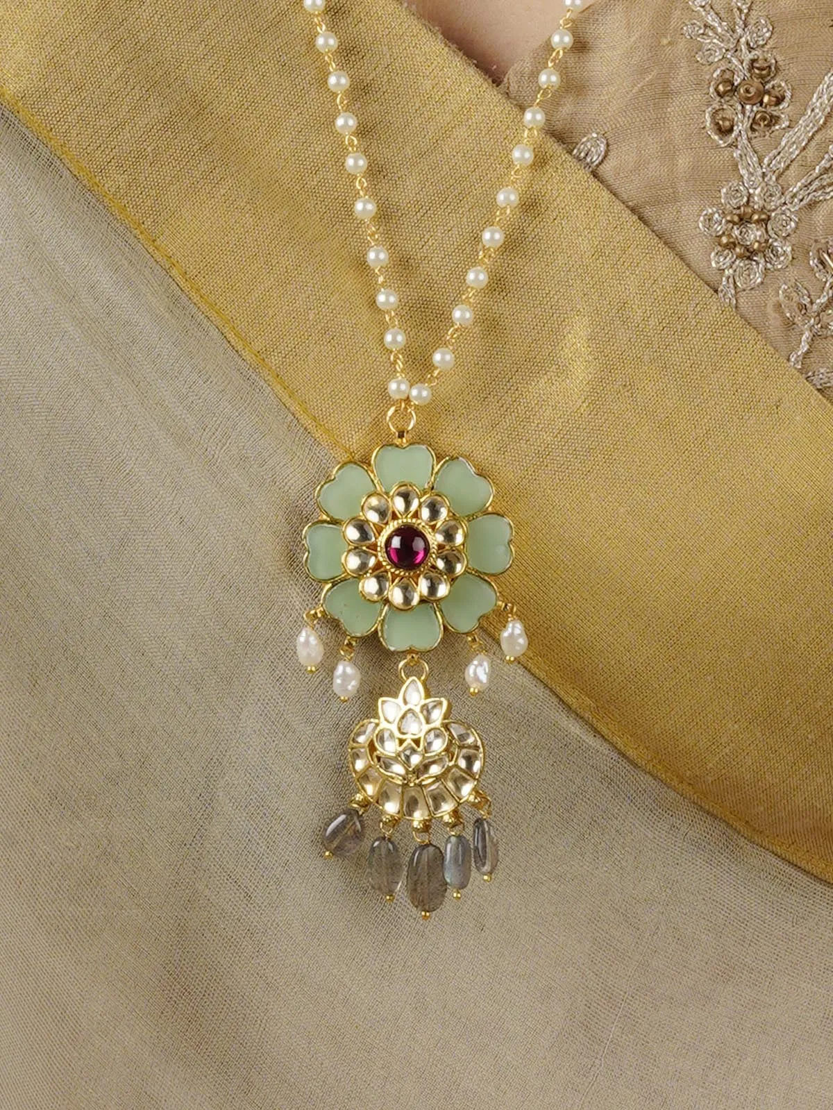 Green Color Gold Plated Jadau Kundan Necklace - MN419