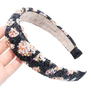 Handmade Leopard Print Headbands Rhinestone Fashionable Sponge Hairbands Crystal Beaded Wide Headpiece for Women Girls Hair Accessories (Multi-color)