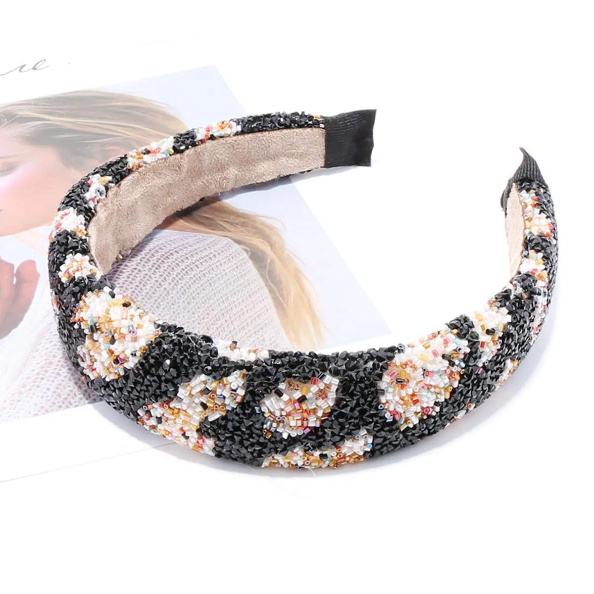 Handmade Leopard Print Headbands Rhinestone Fashionable Sponge Hairbands Crystal Beaded Wide Headpiece for Women Girls Hair Accessories (Multi-color)