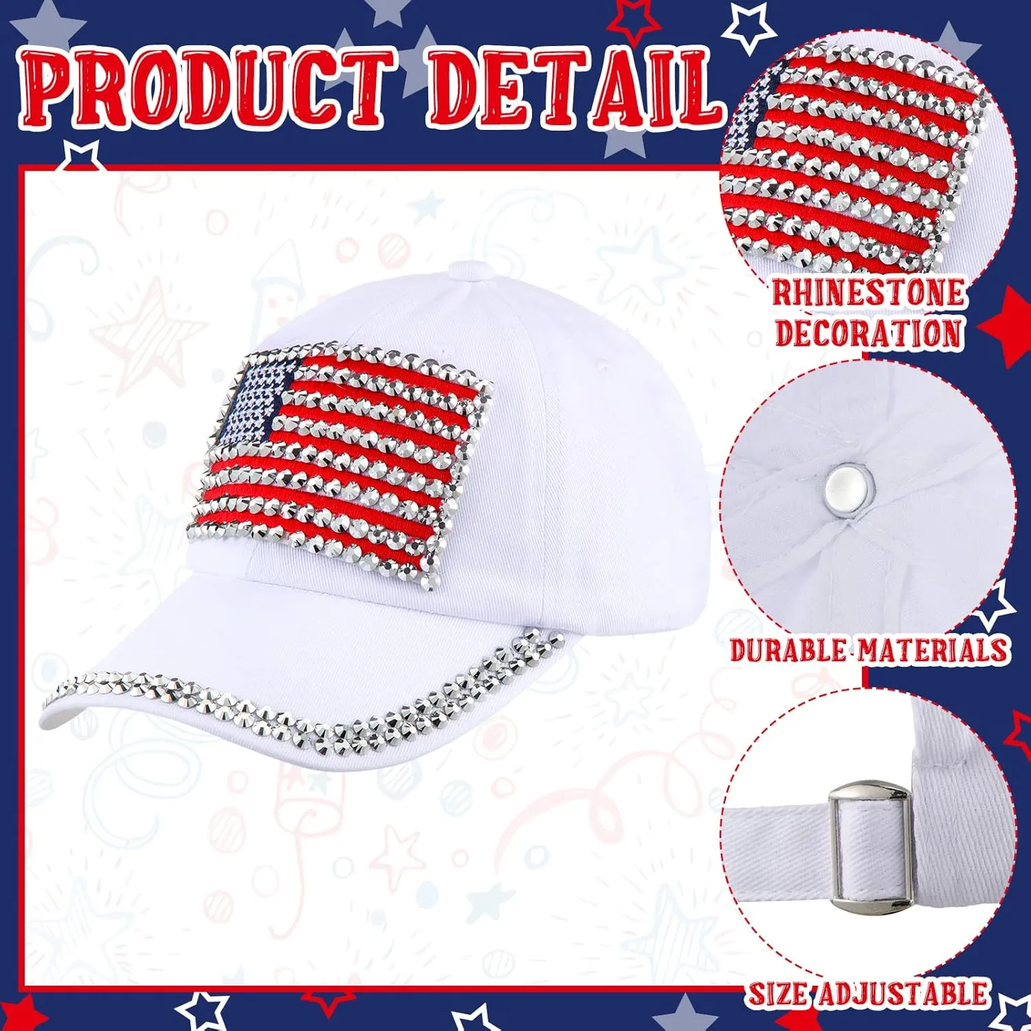 Hercicy 3 Pcs USA Hats Bling Patriotic American Baseball Hats Adjustable Independence Memorial Day Flag Caps for Men Women