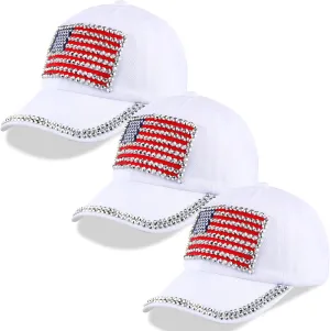 Hercicy 3 Pcs USA Hats Bling Patriotic American Baseball Hats Adjustable Independence Memorial Day Flag Caps for Men Women