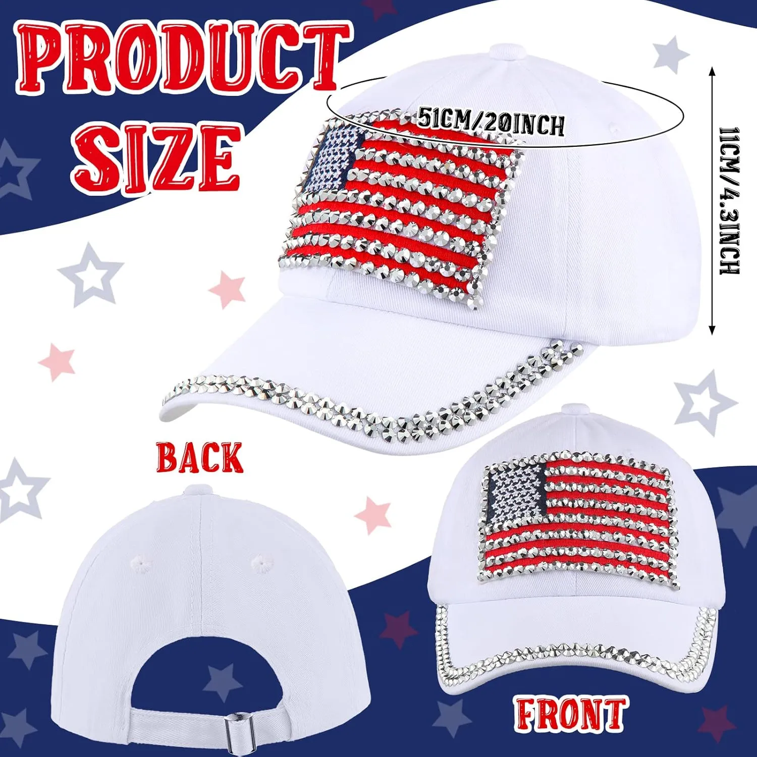 Hercicy 3 Pcs USA Hats Bling Patriotic American Baseball Hats Adjustable Independence Memorial Day Flag Caps for Men Women
