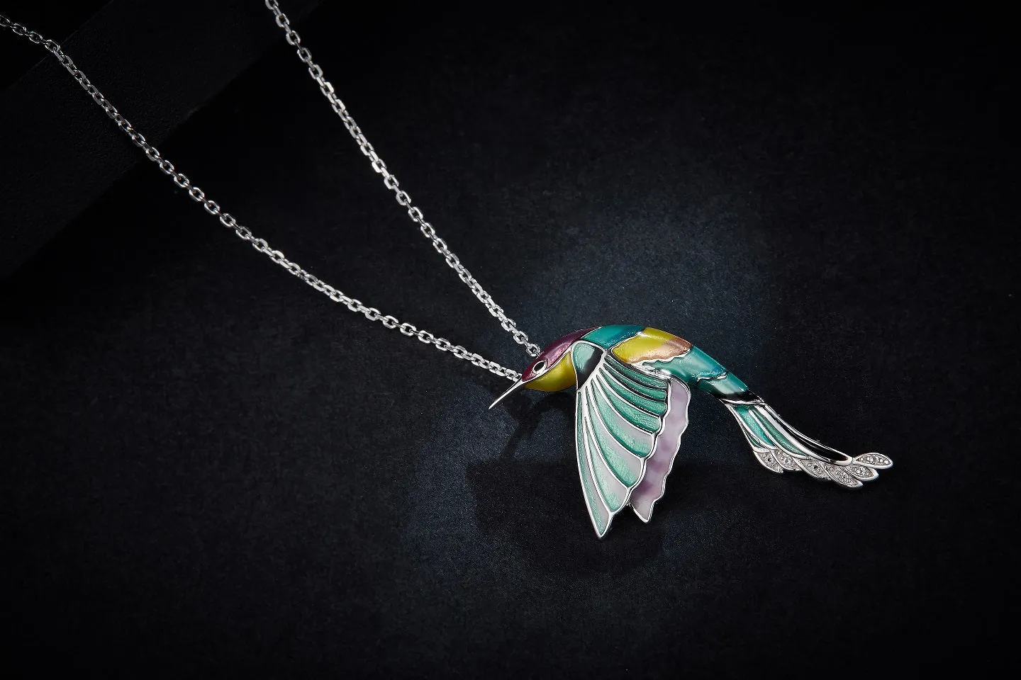 Hummingbird Green Enamel Silver Necklace