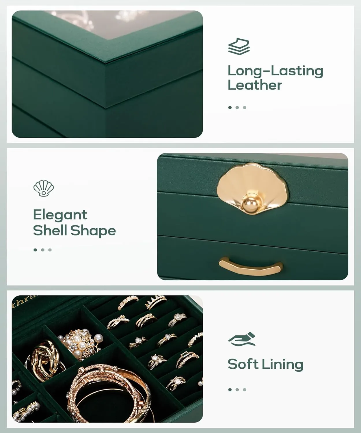 Jewelry Box with 2 Drawers: Display Organizer for Earrings Necklaces - Gift for Girls Women (Forest Green)