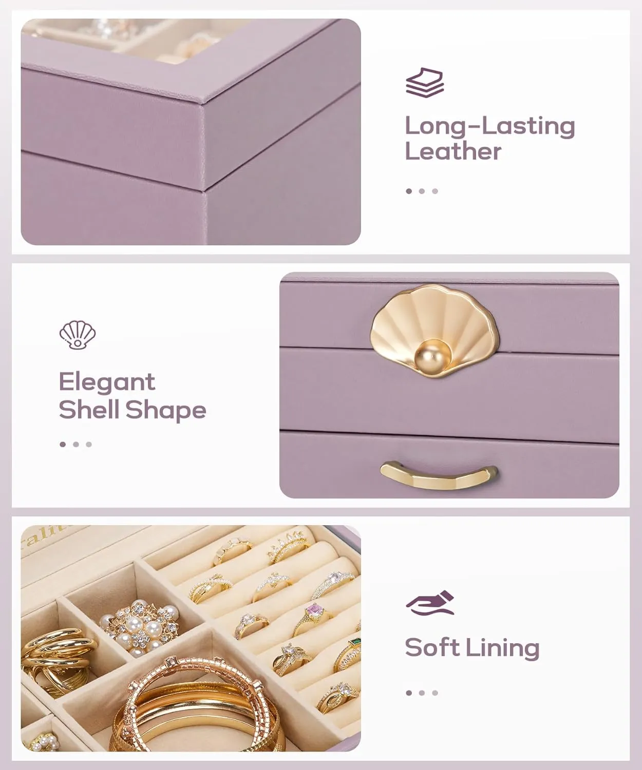 Jewelry Box with 2 Drawers: Jewelry Display Organizer for Earrings Necklaces - Gift for Girls Women (Grey Purple)