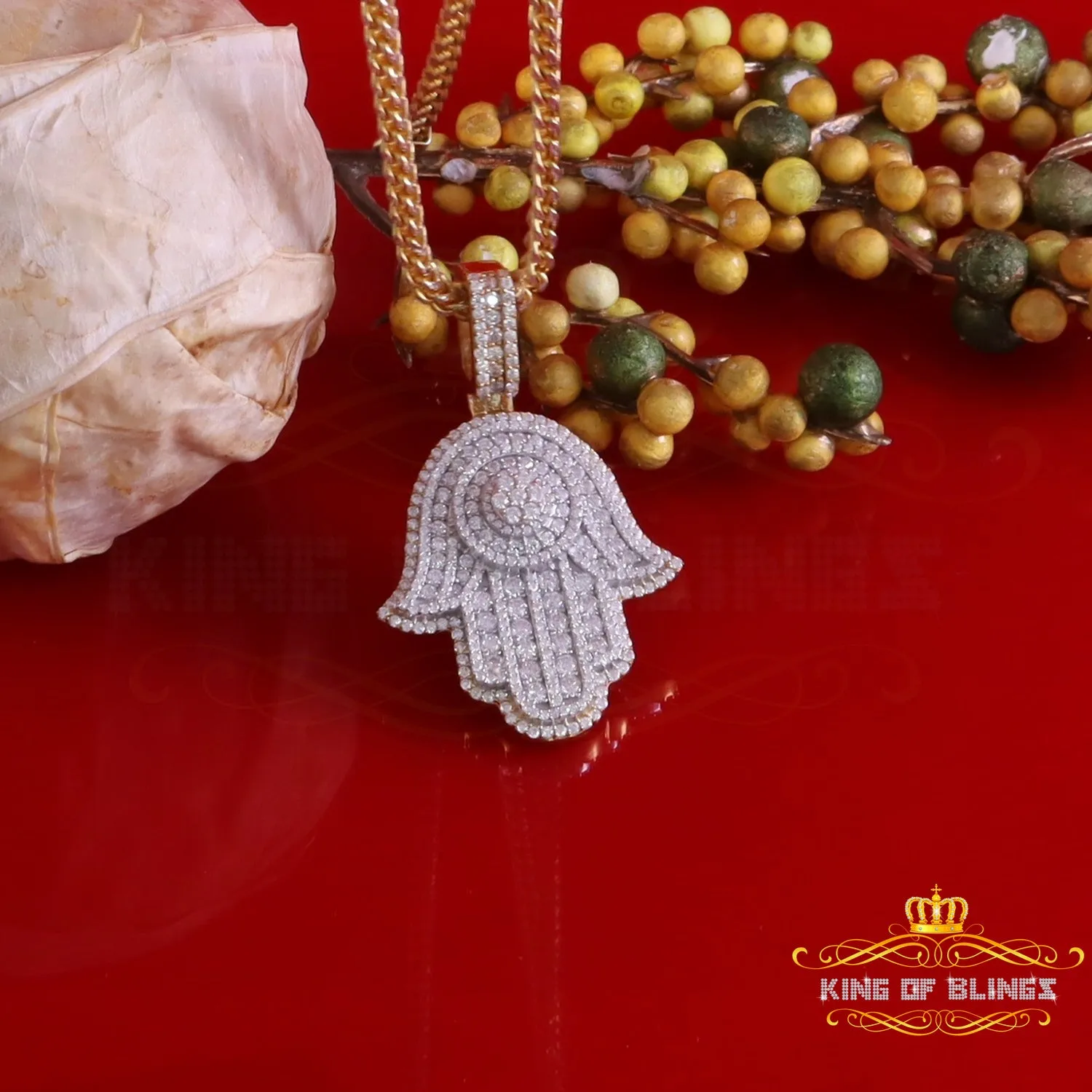 King Of Bling's Silver Yellow 2.50ct VVS D Moissanite Sterling Charm Hamsa Pendant Men's & Women