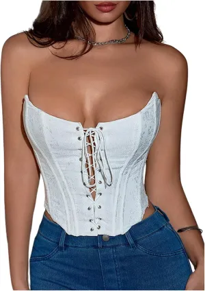 MakeMeChic Women's Corset Top Lace Up Renaissance Bustier Floral Embroidery Grommet Eyelet Tube Crop Tops