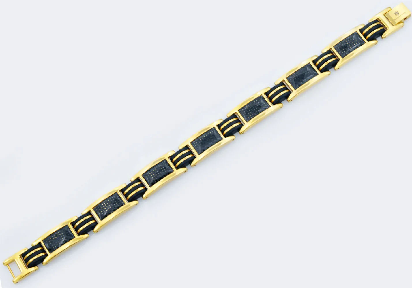 Mens Black Silicone And Gold Stainless Steel Bracelet With Carbon Fiber
