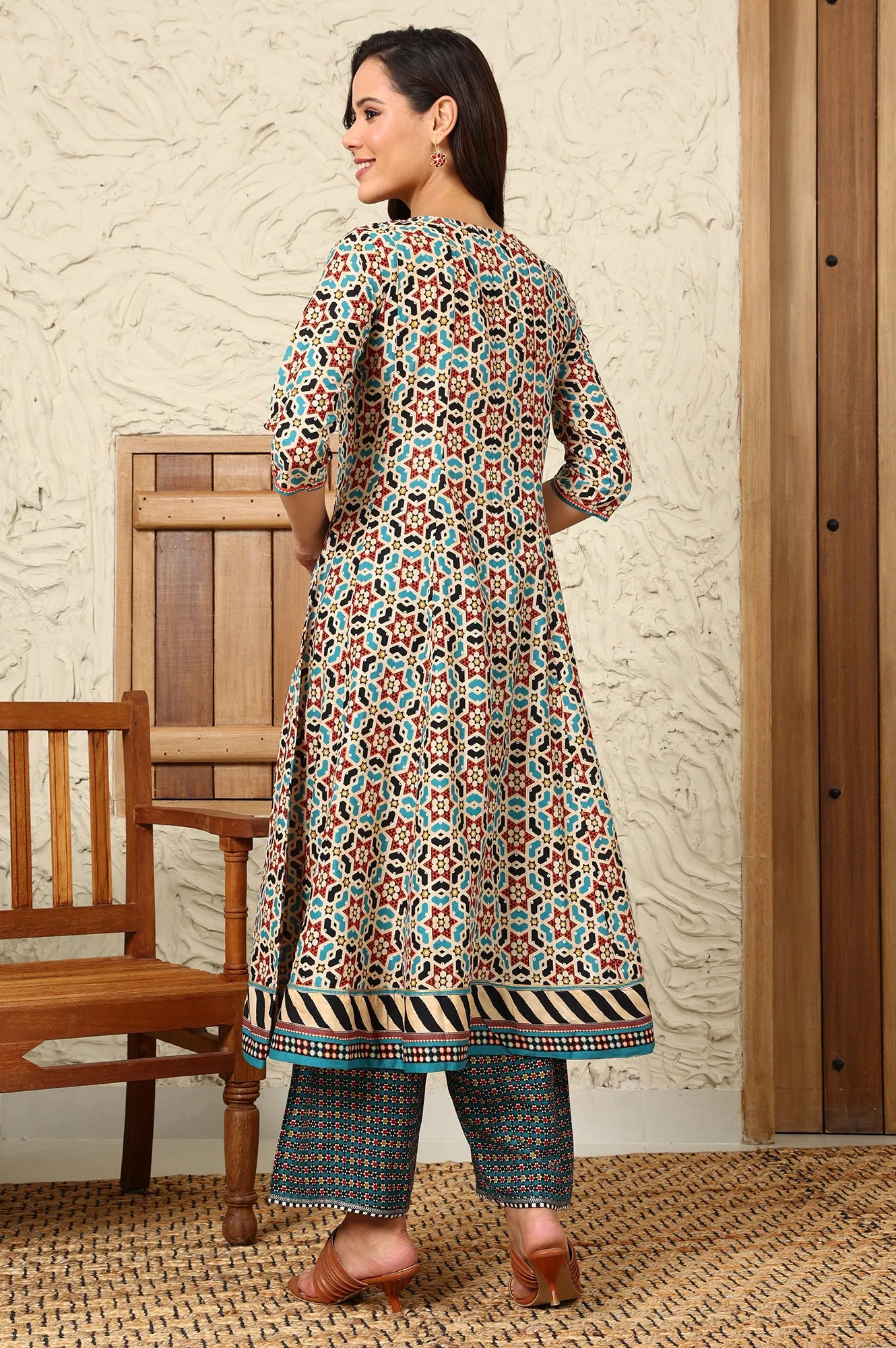 Multi-Coloured Geometric Printed Pure Cotton Flared Kurta With Metallic Embroidered Neckline