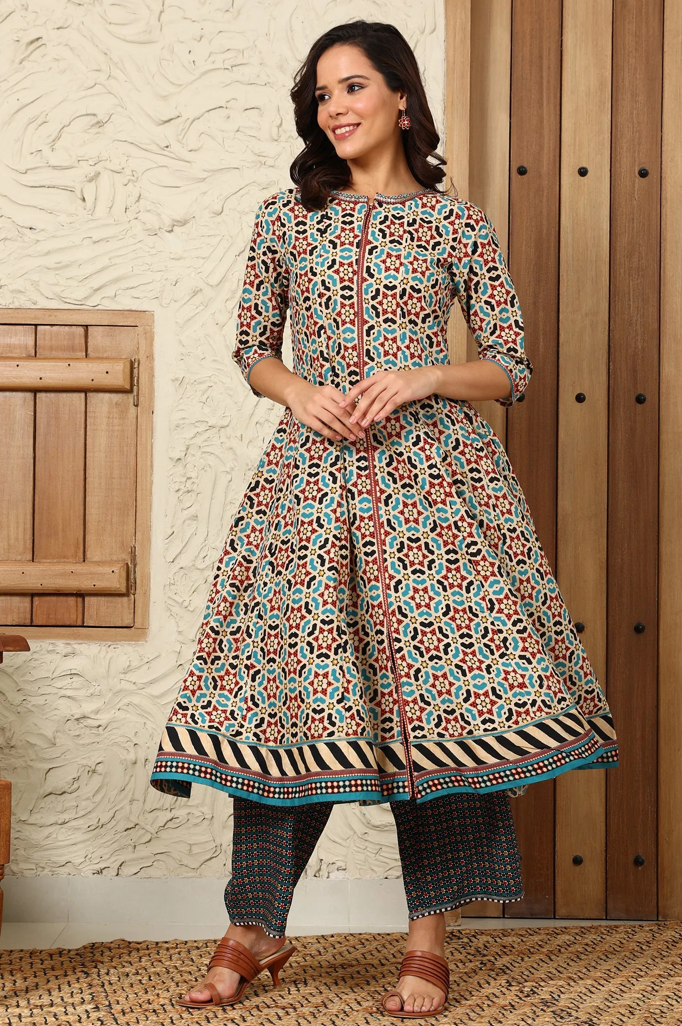 Multi-Coloured Geometric Printed Pure Cotton Flared Kurta With Metallic Embroidered Neckline