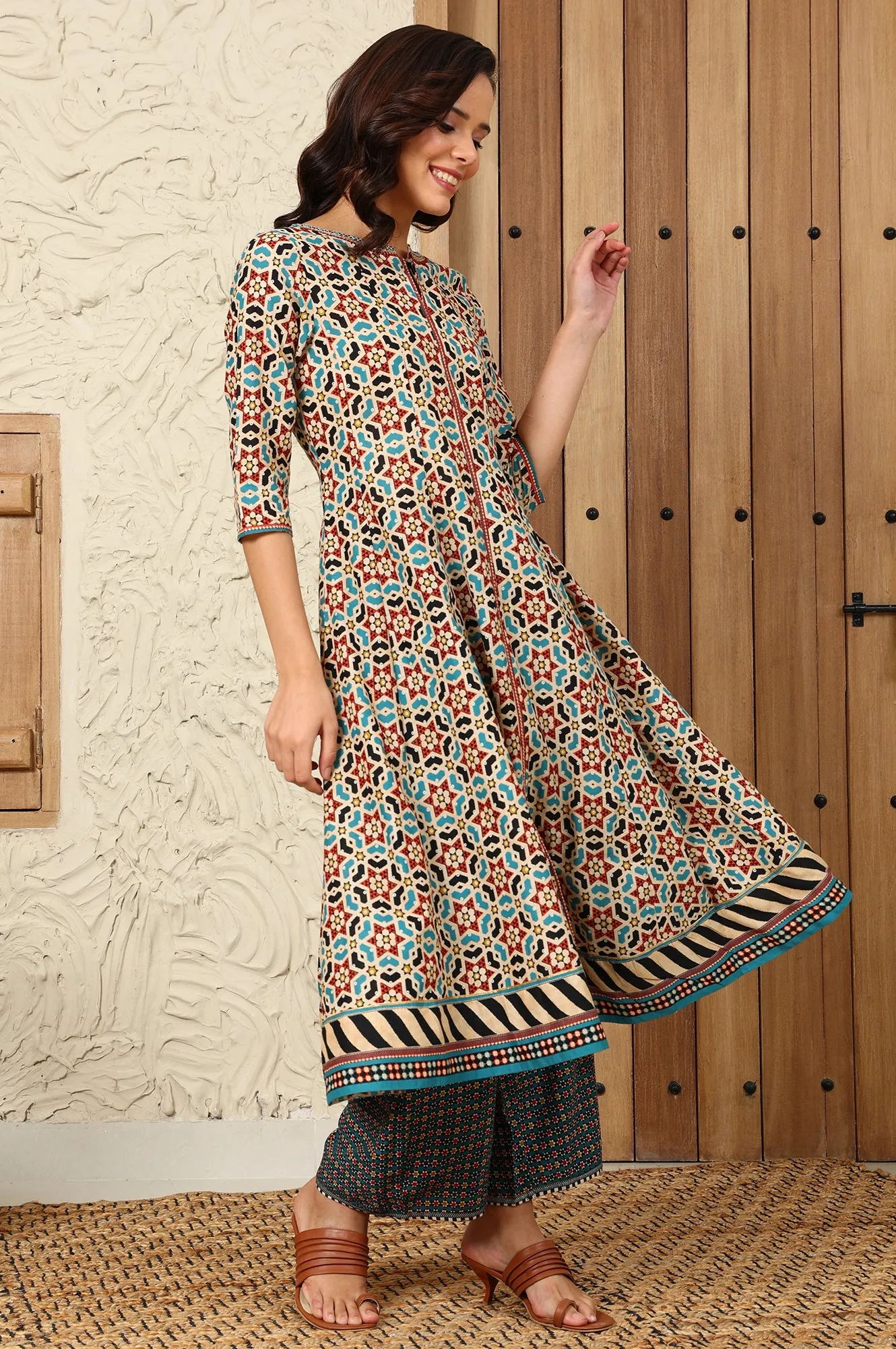 Multi-Coloured Geometric Printed Pure Cotton Flared Kurta With Metallic Embroidered Neckline