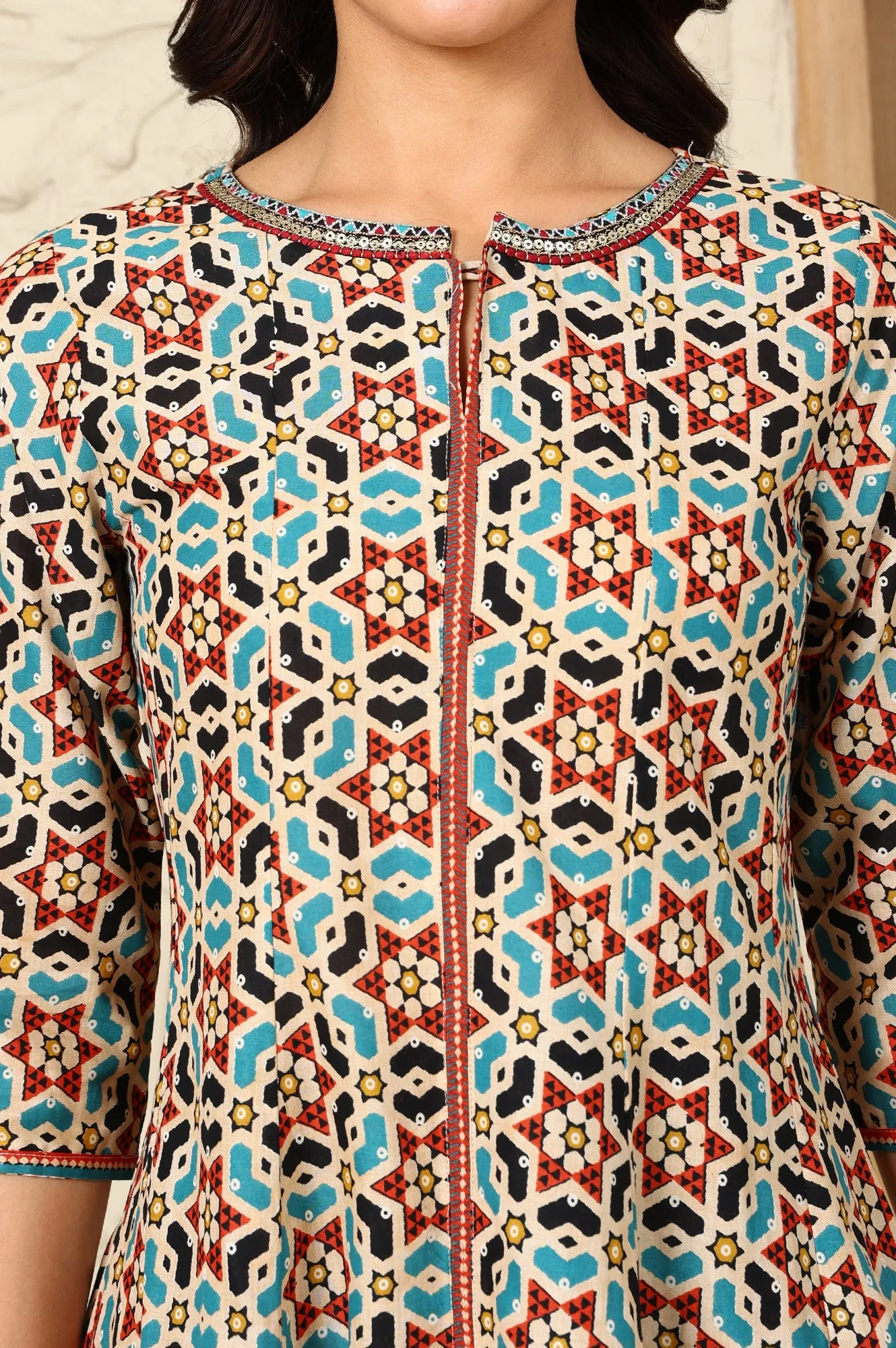 Multi-Coloured Geometric Printed Pure Cotton Flared Kurta With Metallic Embroidered Neckline