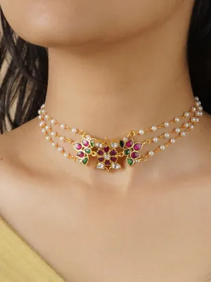 Multicolor Gold Plated Jadau Kundan Necklace - MN418M