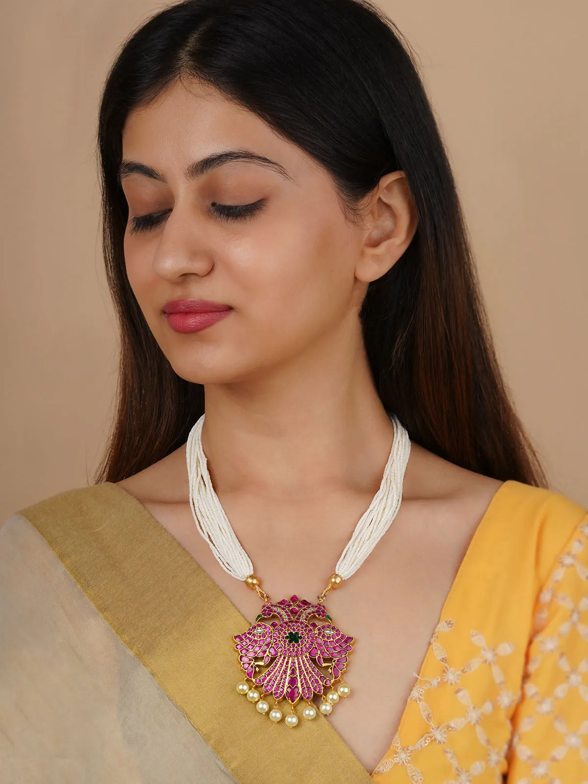 Multicolor Gold Plated Jadau Kundan Necklace - MN456M