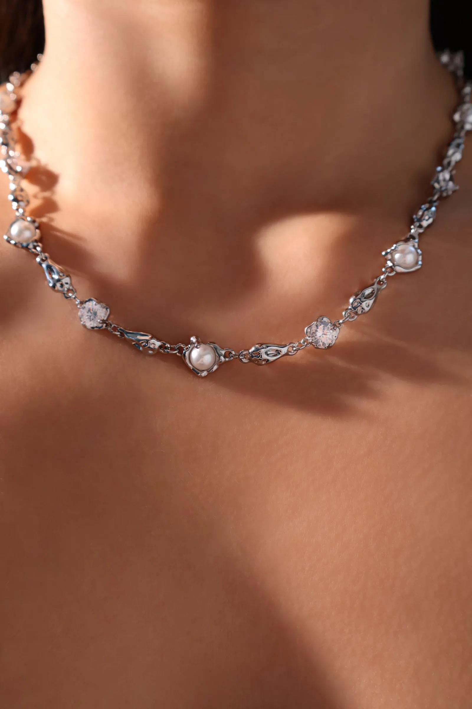 Platinum Plated Multi Diamond Pearl Necklace