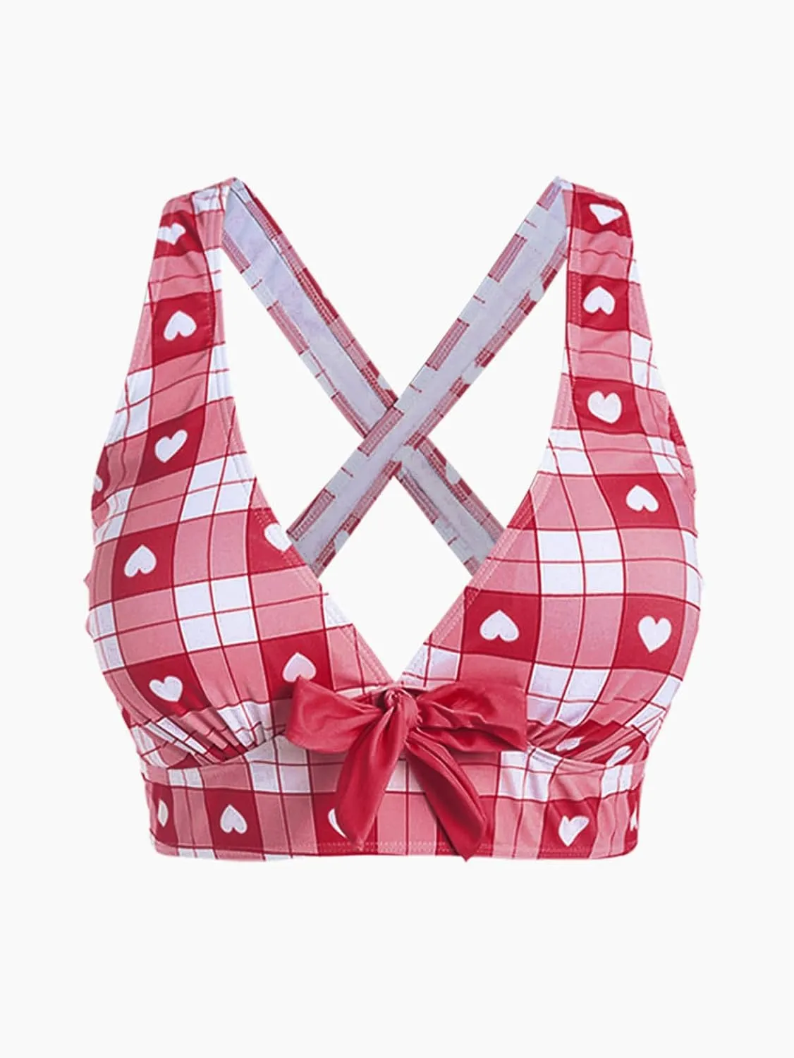 ROSE GAL Rosegal Plus Size Valentines Heart Bowknot Crisscross Padded Three Piece Tankini Swimsuit