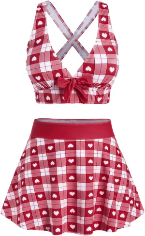 ROSE GAL Rosegal Plus Size Valentines Heart Bowknot Crisscross Padded Three Piece Tankini Swimsuit