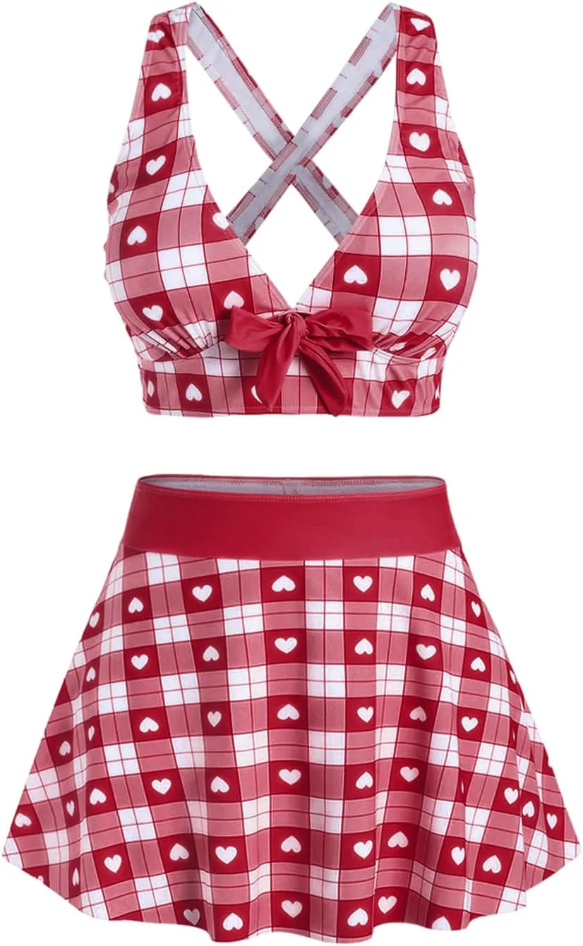 ROSE GAL Rosegal Plus Size Valentines Heart Bowknot Crisscross Padded Three Piece Tankini Swimsuit