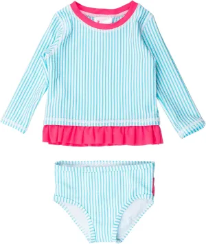 RuffleButts Baby/Toddler Girls Seersucker Long Sleeve Rash Guard Bikini