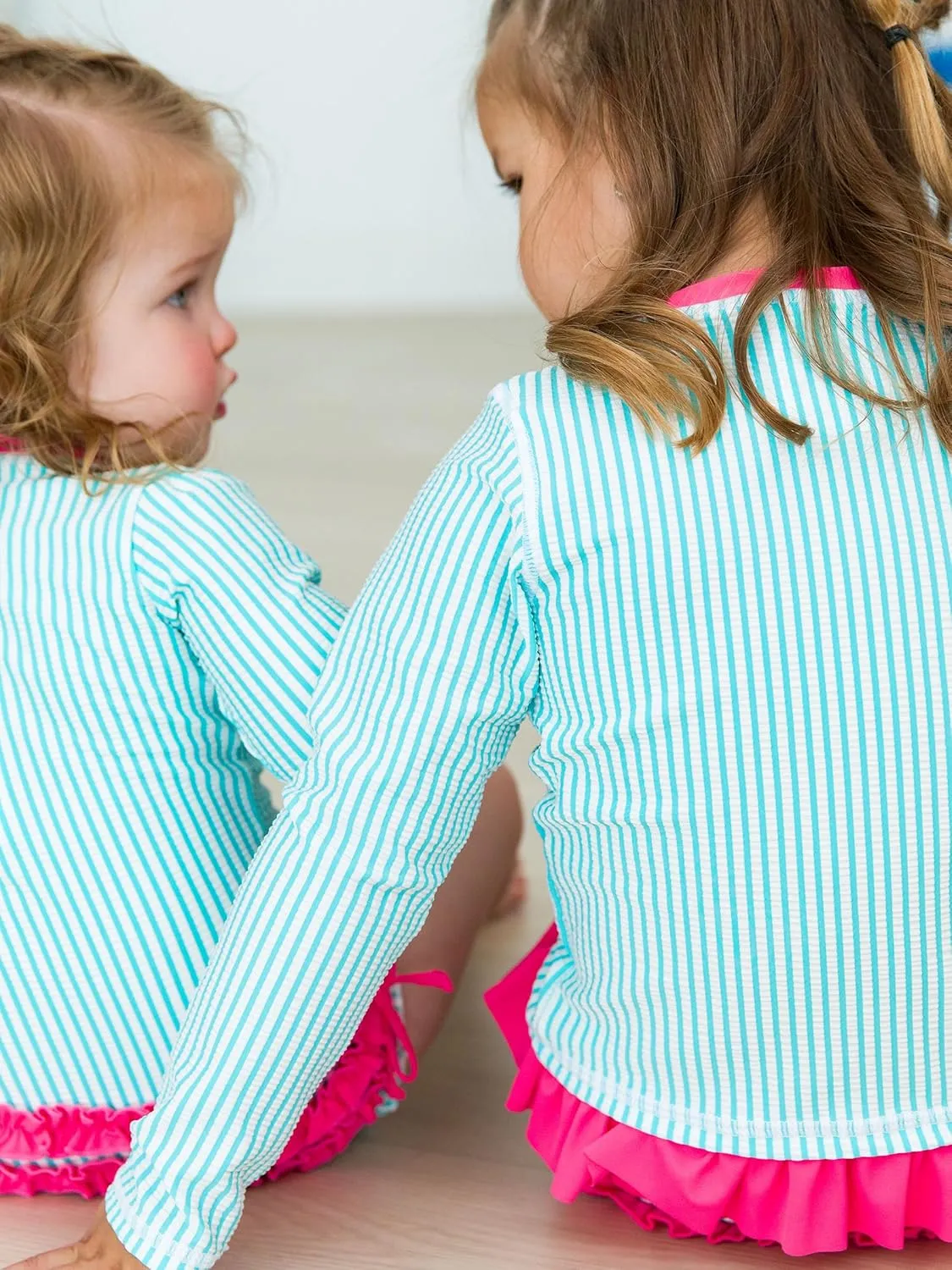 RuffleButts Baby/Toddler Girls Seersucker Long Sleeve Rash Guard Bikini
