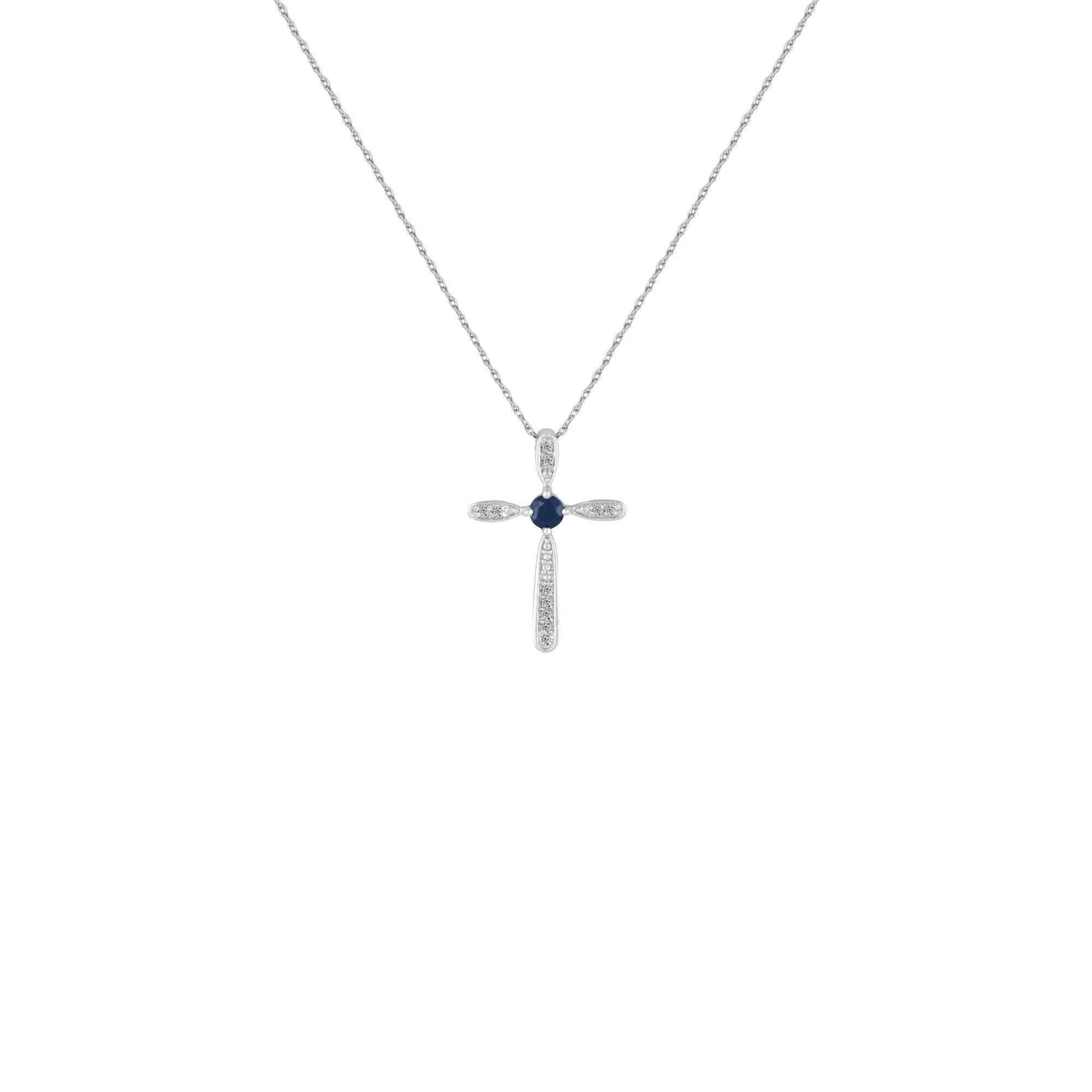 Sapphire and Diamond Cross Pendant in Sterling Silver