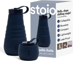 STOJO Collapsible Water Bottle  Denim Blue, 20oz / 592ml - Leak-Proof Reusable Silicone Travel Cup for Hot & Cold Drinks - Microwave & Dishwasher Safe