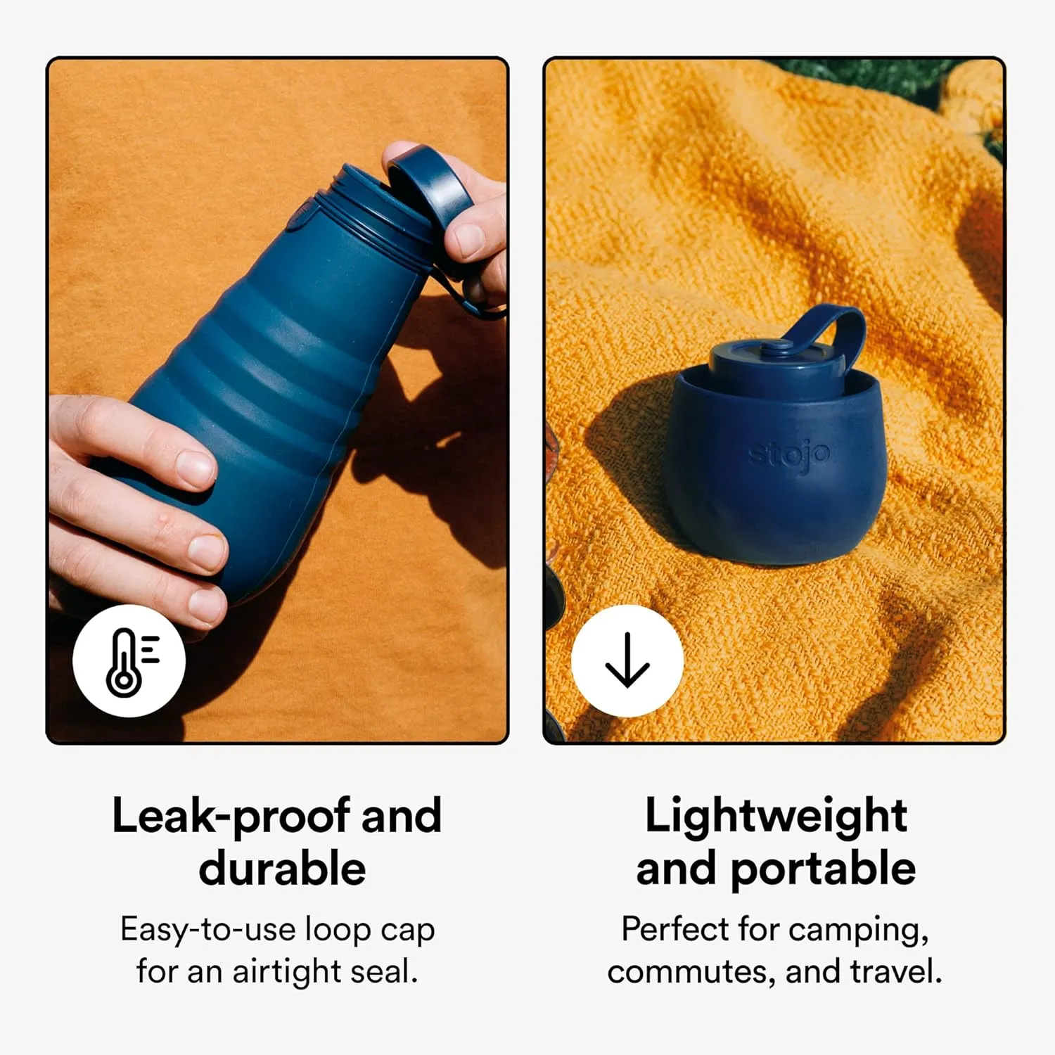STOJO Collapsible Water Bottle  Denim Blue, 20oz / 592ml - Leak-Proof Reusable Silicone Travel Cup for Hot & Cold Drinks - Microwave & Dishwasher Safe
